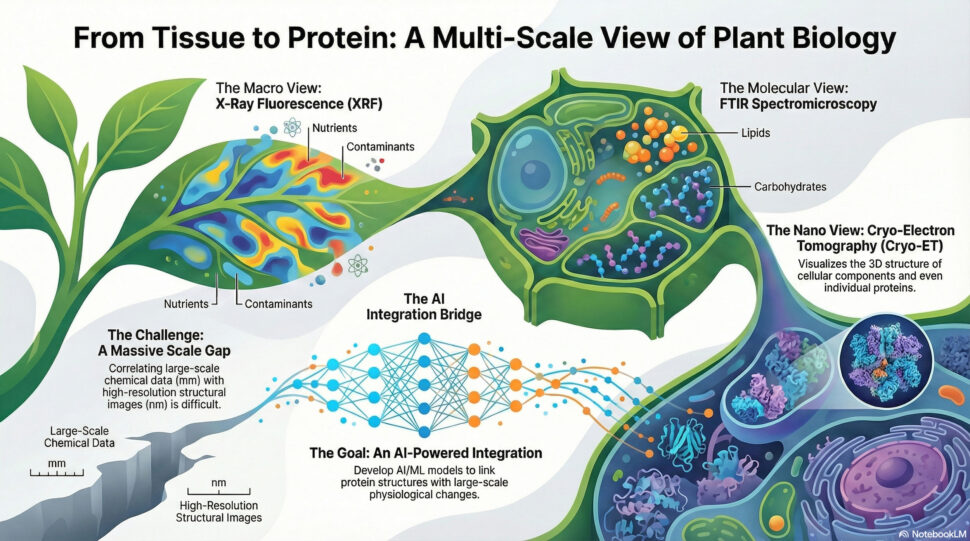 Diagram of a plant leaf and plant cell with an AI bridge connecting it to the challenge of working with various scales.
