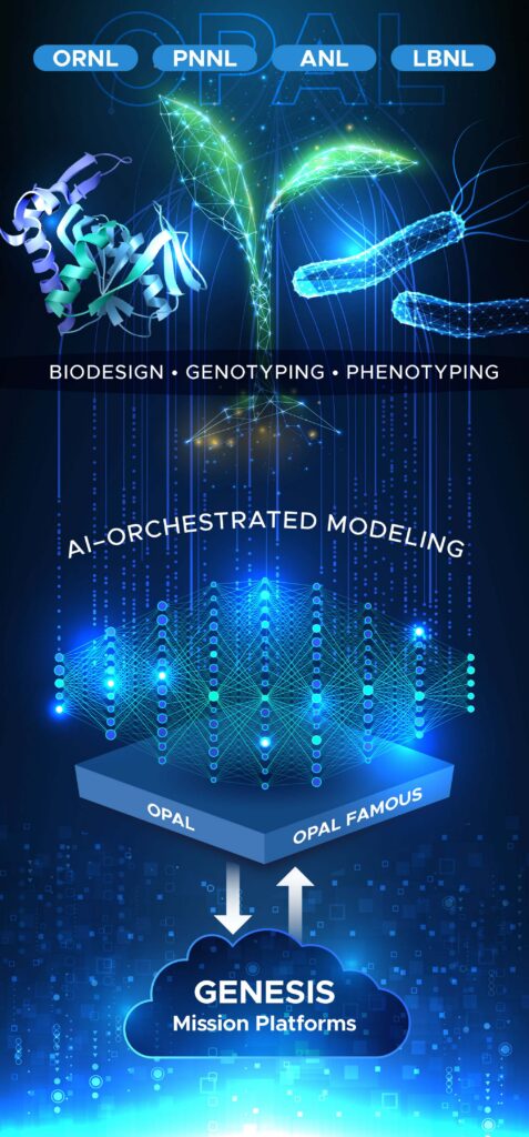 A graphical representation of OPAL's focus on proteins, microbes, and plants with AI-orchestrated modeling for the Genesis Mission.